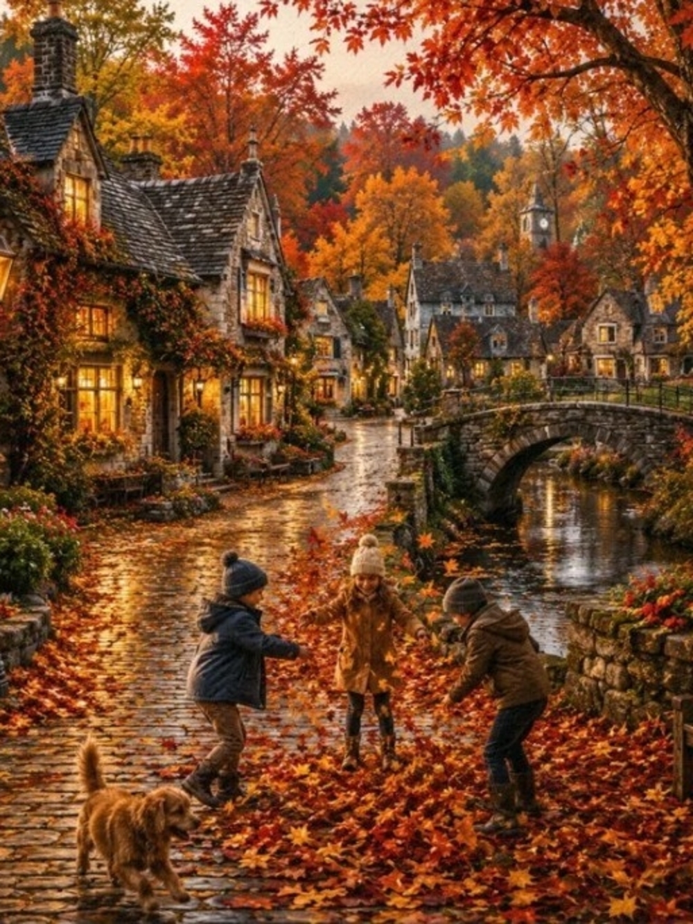 Autumn Village Art Print - Cozy Fall Street Scene 8x10
